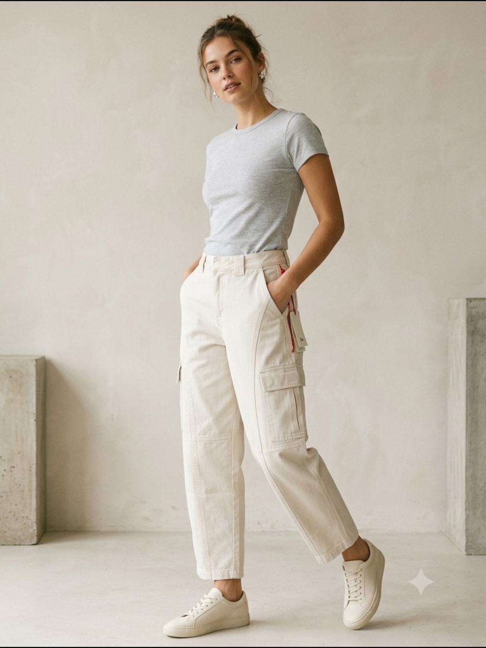 Woolrich Barrel Leg Cream Denim Cargo Pants Women's 10 NWT